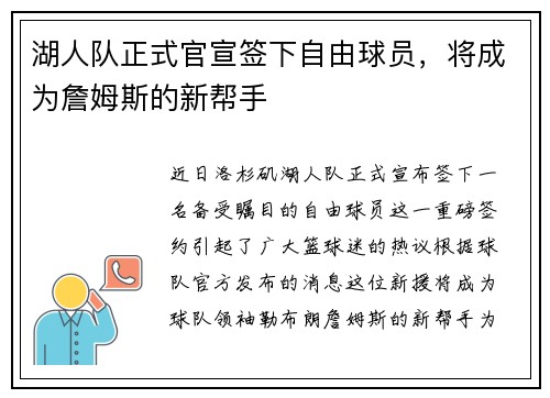 湖人队正式官宣签下自由球员，将成为詹姆斯的新帮手